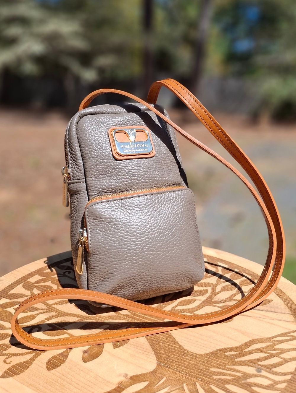Valentina Italy Taupe Pebbled Leather Small Crossbody Phone Bag